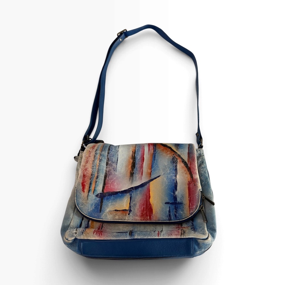 Anuschka Hand Painted Leather Crossbody Bag Abstract Blue Red Yellow 45459